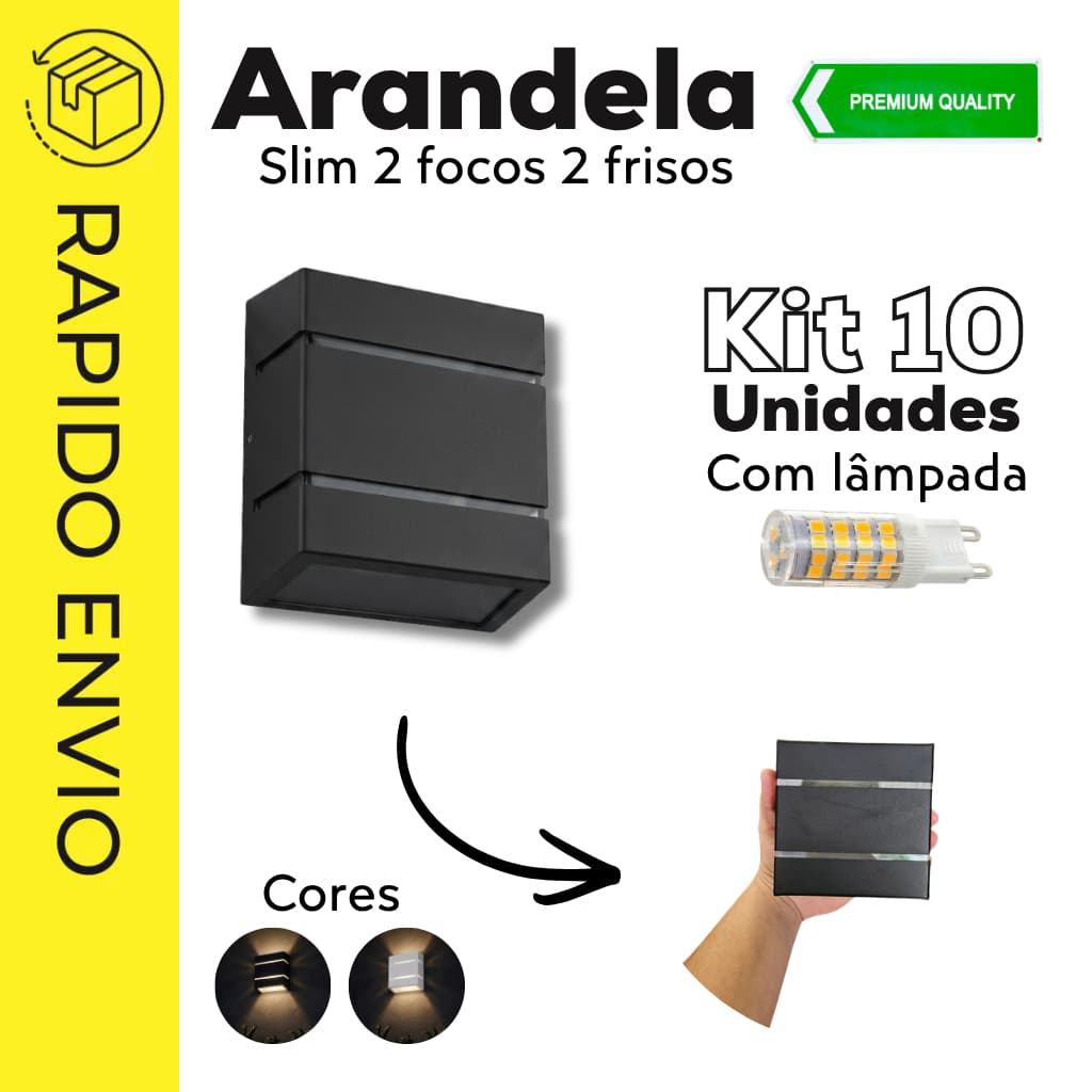 Kit 10 Arandelas Slim 2 Focos 2 Frisos 12x12x04 em Ferro (Com Lâmpadas G9)