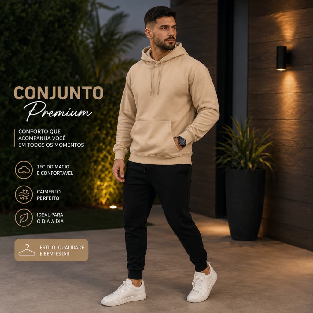 Conjunto De Frio Moletom Liso Casaco Sem Estampa Com Capuz E Bolso Canguru Relaxado