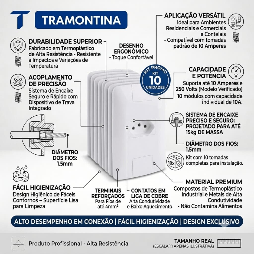KIT 10 UN - Tomada 10A Tramontina Completa com Placa Branca - Alta Resistência