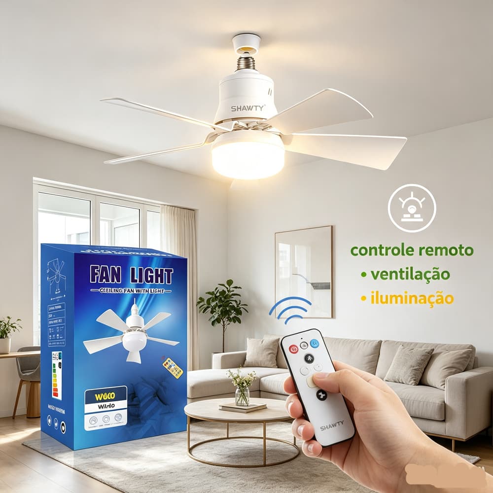 Ventilador de Teto Com 30W LED Luz 2 em 1 Controle Remoto E27 RGB 3 Velocidades 5 Folhas Ventilador
