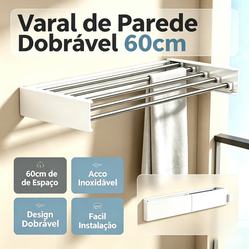 Varal de Parede Dobrável Retrátil 60cm Branco – 5 Barras, Para Banheiro, Lavanderia, Varanda e Quarto S2