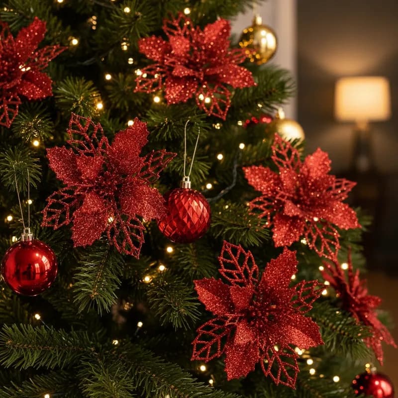 Kit 6 Flores Enfeite Árvore De Natal 9 Cm Decoração Natalina de Luxo