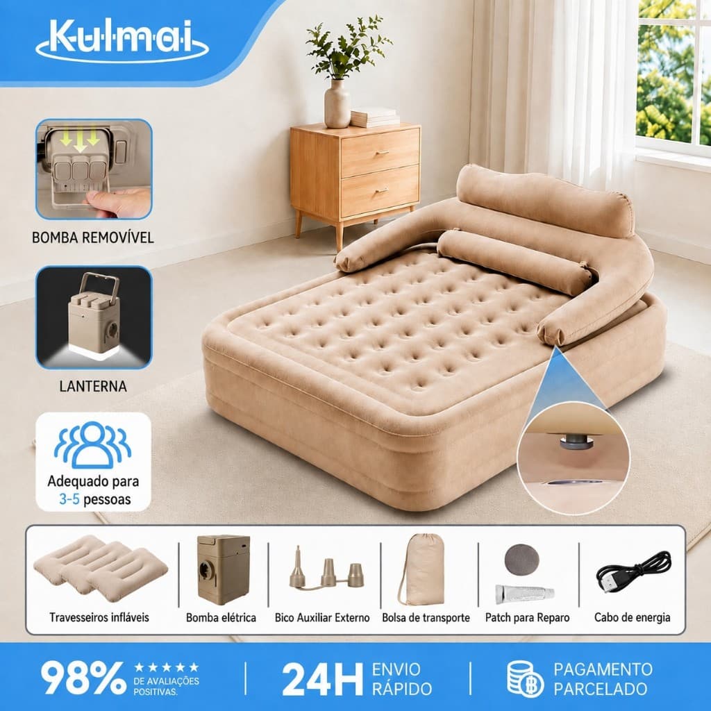 KULMAI Queen Inflatable Mattress with Detachable Backrest and Rechargeable Electric Pump Extra Large Size 200*180*40CM