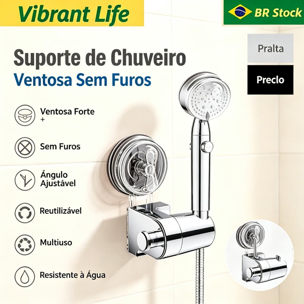 Suporte de Chuveiro 360° Ajustável com Ventosa Destacável - Sem Perfuração para Pendurar