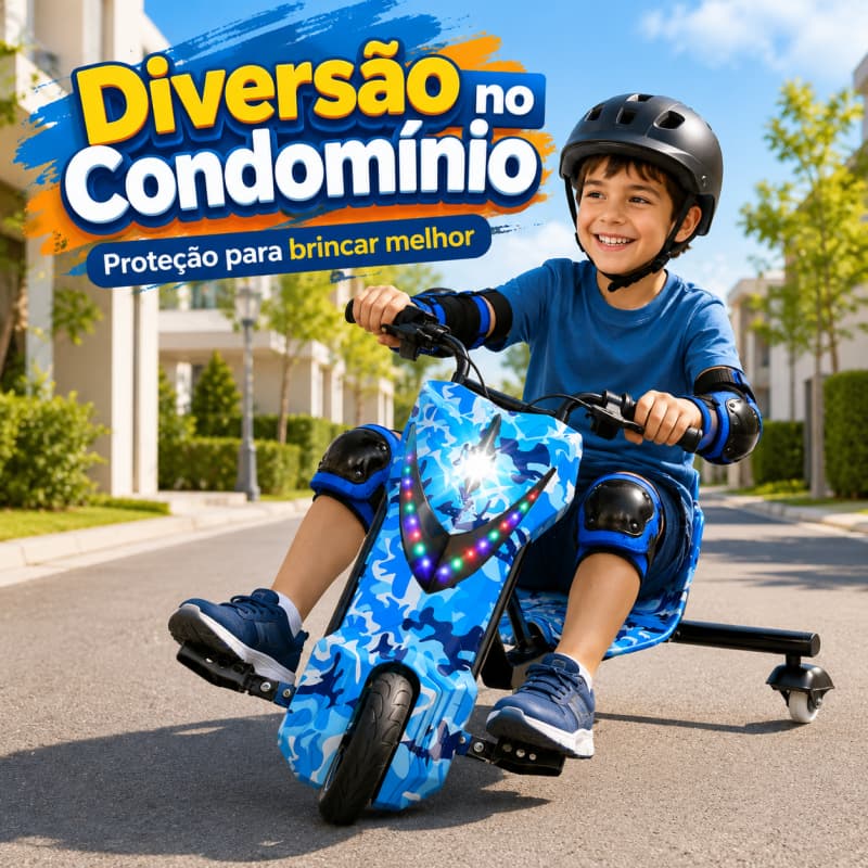Triciclo Elétrico Drift Infantil 8 Polegadas Bluetooth LED com Mola + Capacete + Kit de Proteção