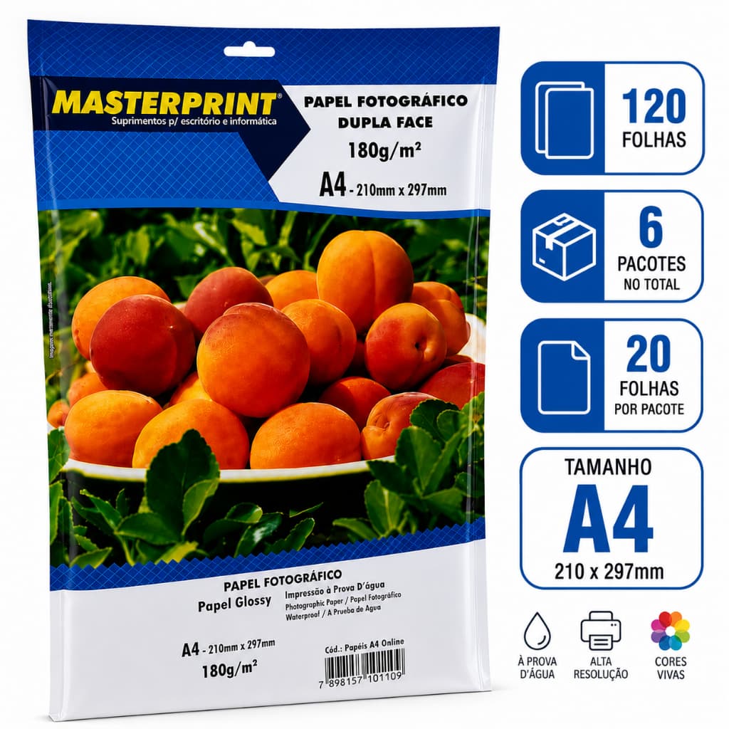 Papel Fotográfico Glossy Dupla Face A4 180g Resistente Água Inkjet 120 Folhas Masterprin
