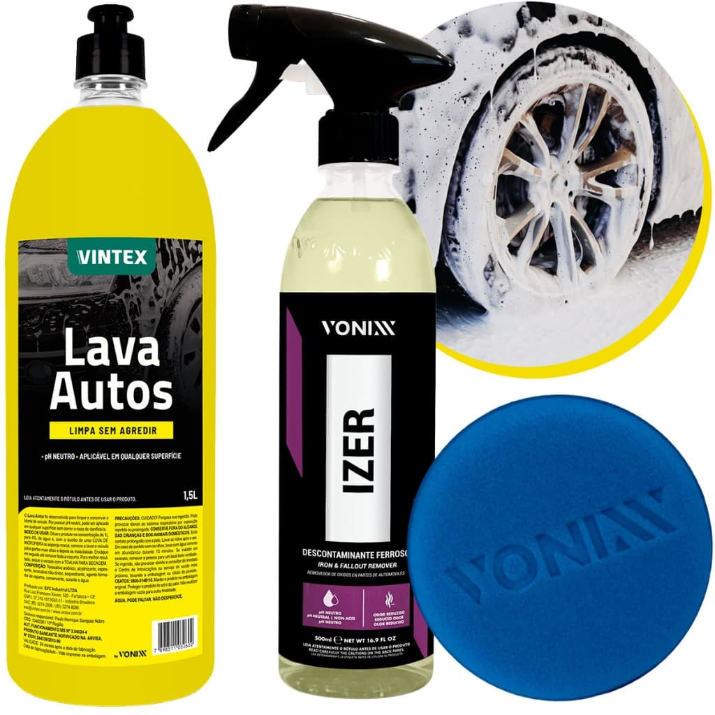 KIT Descontaminante Ferroso Izer 500ml Vonixx Automotivo Rodas + Shampoo Lava Autos 1,5L Vintex Automotivo Concentrado