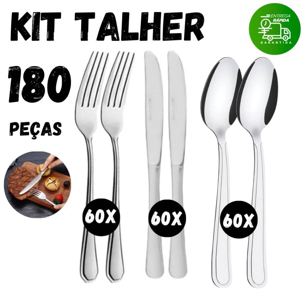 Kit 180 Talheres Garfos Facas e Colher em Aço Inox  Alta Durabilidade Cozinha Restaurante Hotel