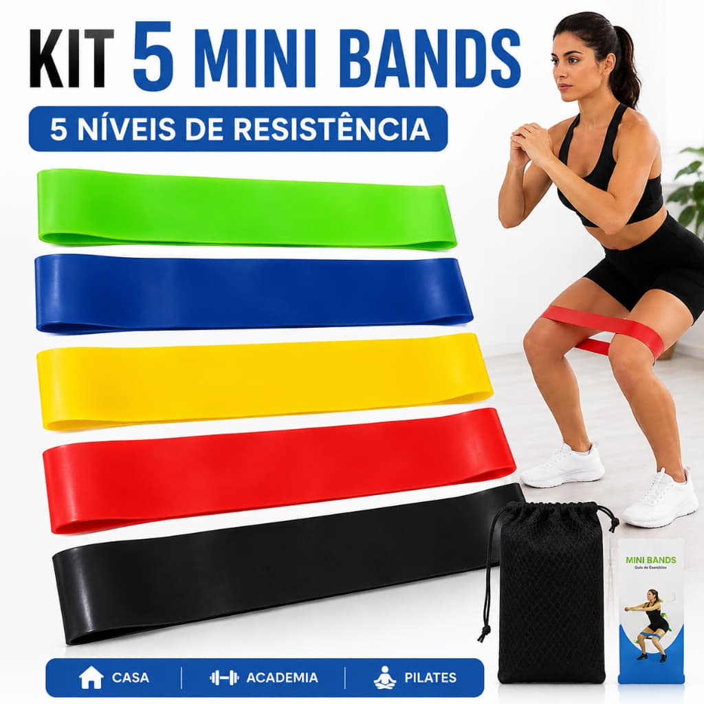 Kit 5 Faixas Elásticas Mini Bands 5 Níveis Resistência Treino Glúteos Pernas Academia Pilates Fitness BRASWEI BW3501