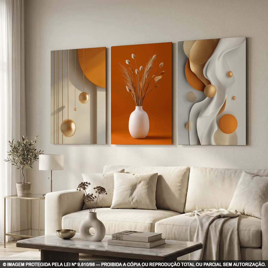 Kit 3 Quadros Decorativos Abstratos Laranja e Bege – Arte Moderna com Vaso e Formas Geométricas para Sala, Quarto