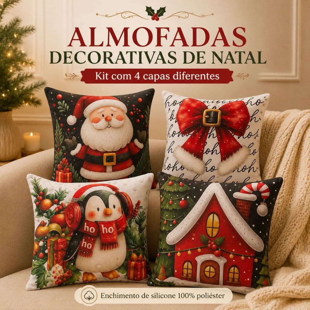 Kit 4 Capas de Almofadas Decorativas Natal Papai Noel Boneco Neve Feliz Natal Rena- Tamanho 45X45