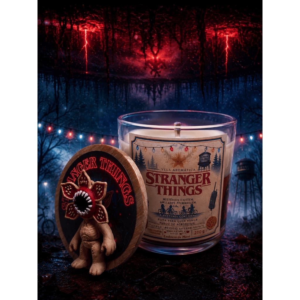 Vela Aromática Inspirada em Stranger Things Cera de Coco Mundo Invertido em Gel Figura Surpresa Artesanal