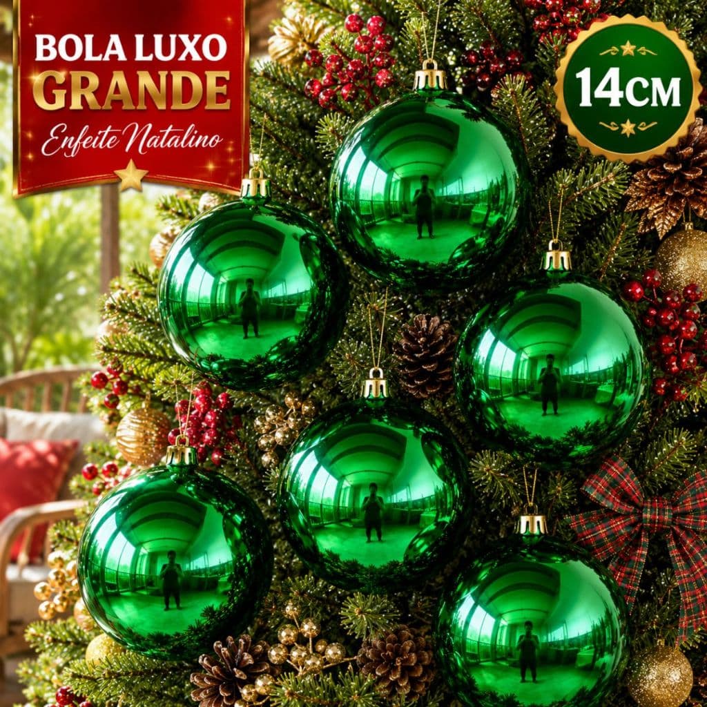Kit 6 Bolas de Natal Verdes 14cm Grandes Luxo Premium Brilho Espelhado Enfeites Árvore Natalina