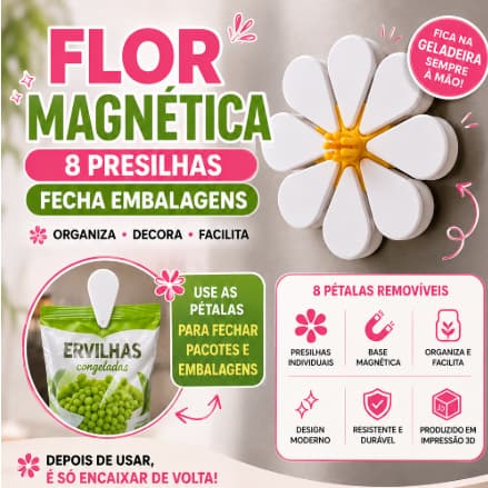 Imã Margarida - Flor Porta Presilhas com 8 Clipes Fecha Embalagem Magnética para Geladeira - ima criativo