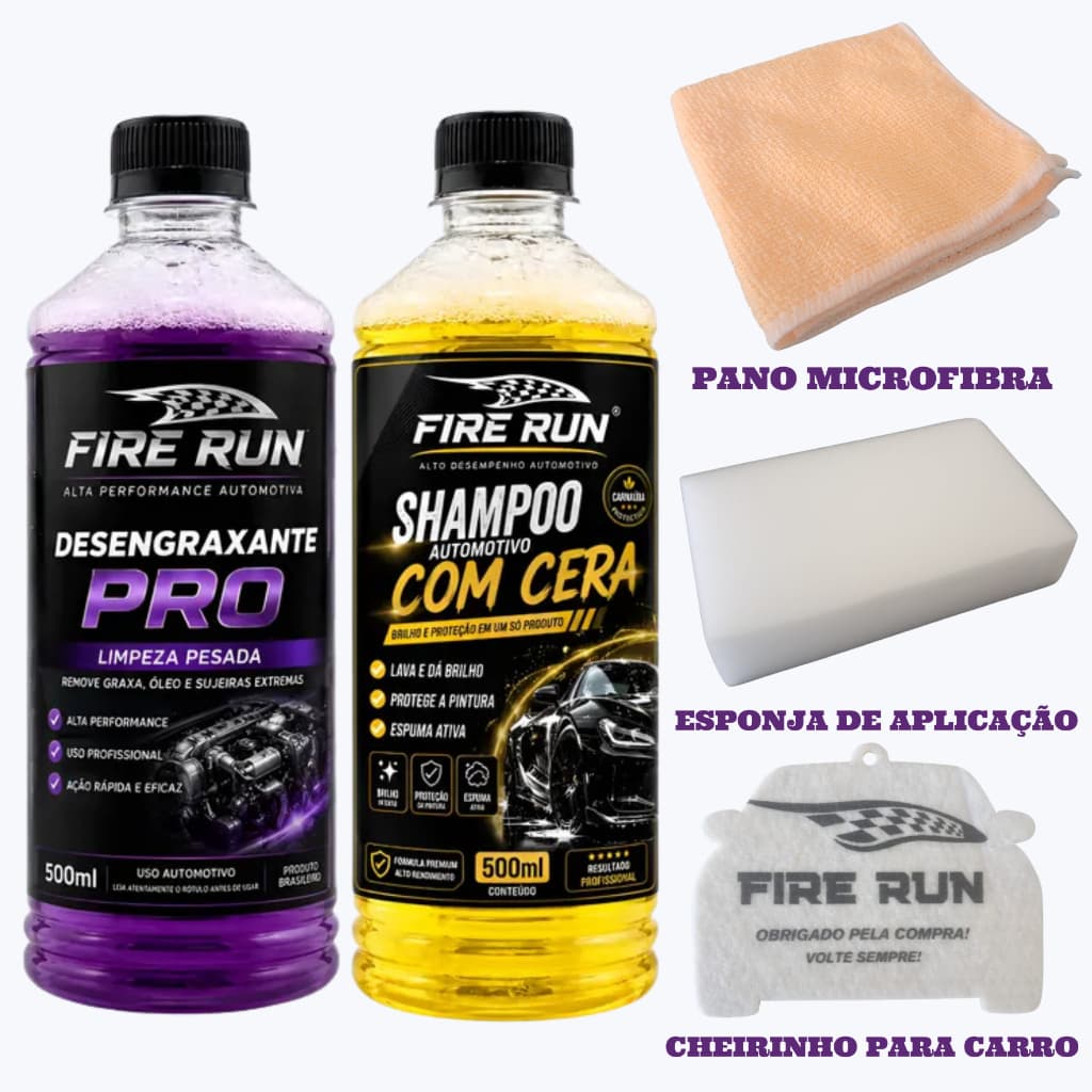 Kit Limpeza Automotiva Desengraxante + Shampoo Com Cera Firerun 500ml + ITENS PARA LAVAGEM