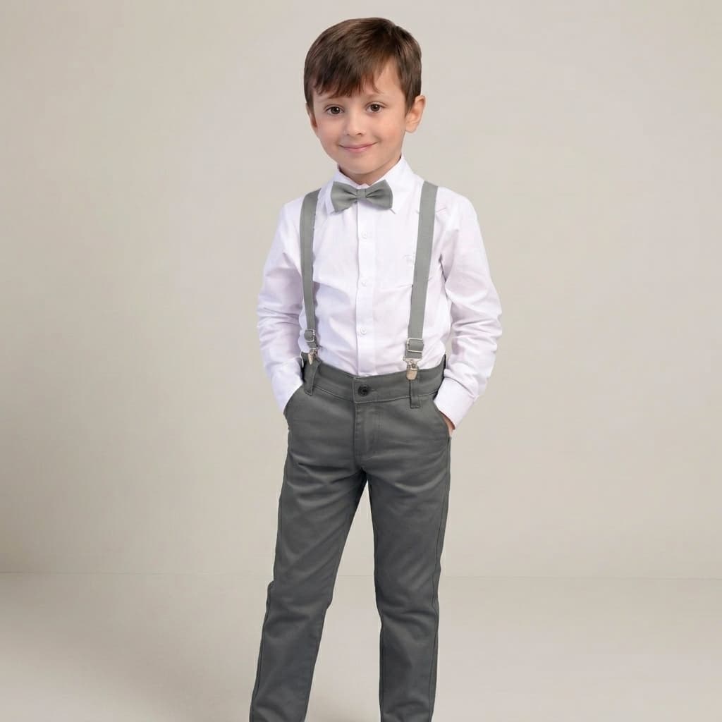 Conjunto Social Menino Cinza Chumbo Batizado Casamento Camisa Calça Suspensório Gravata Pajem Festa Infantil