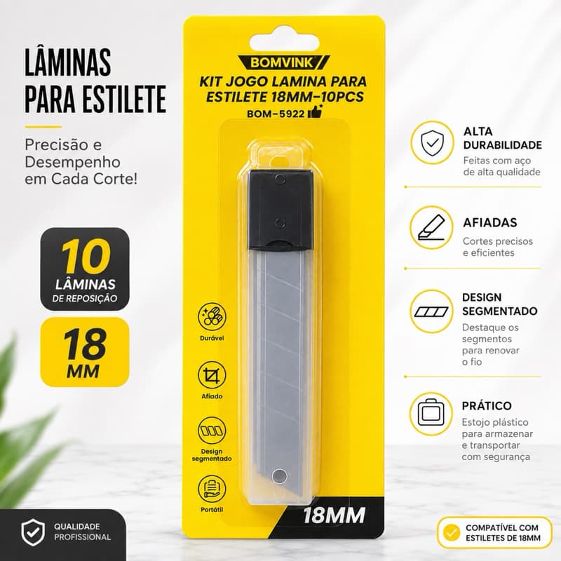 Kit 10 Lâminas para Estilete 18mm Segmentadas Afiadas com Estojo Porta Lâminas