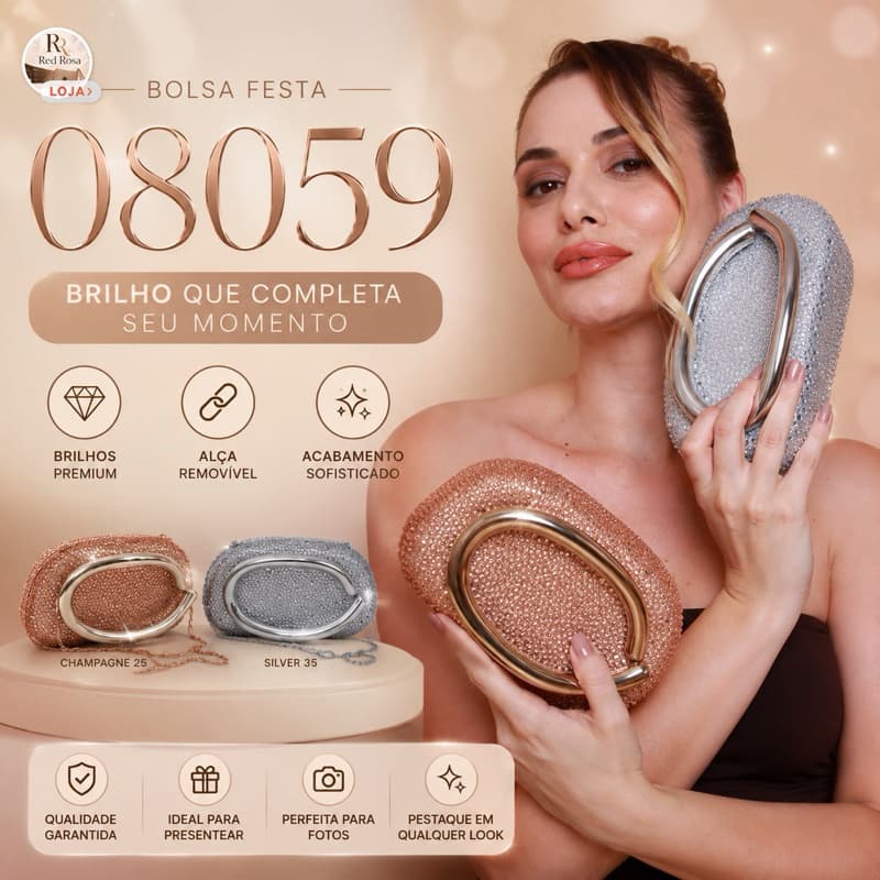 Bolsa Festa Feminina Clutch Luxo com Strass Brilho Premium Alça Removível Elegante para Casamentos e Eventos 08059