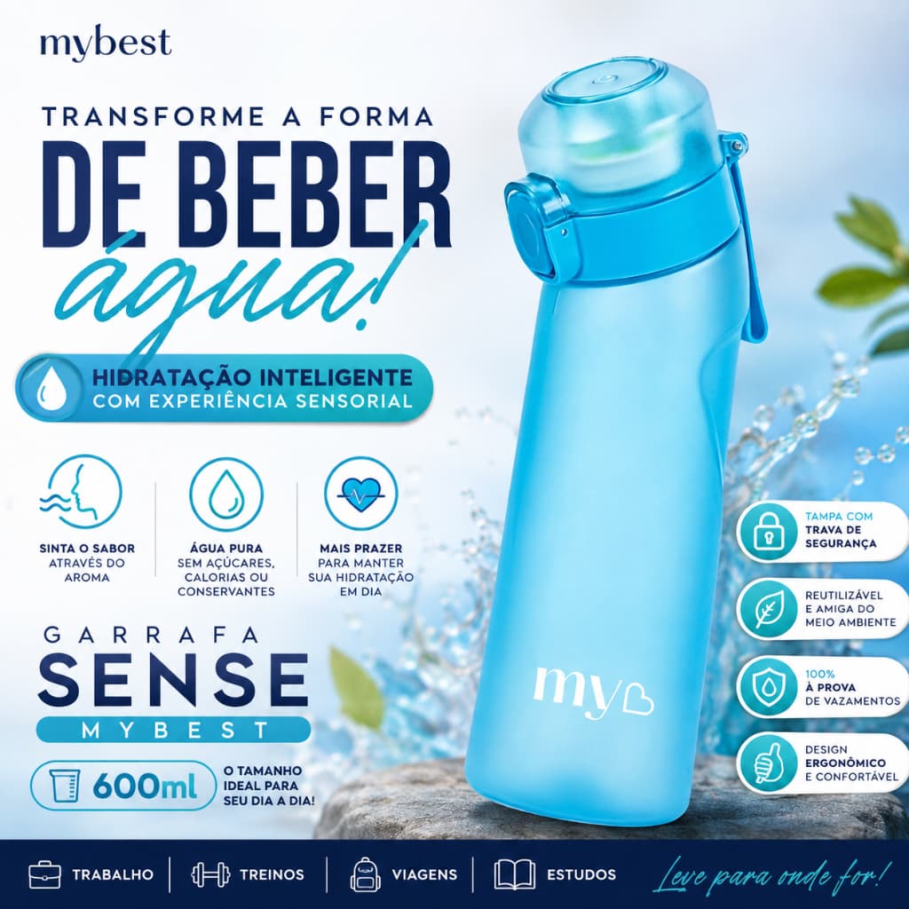 Garrafa Sense MyBest 600ml com Cápsula Aromática Saboriza Água sem Açúcar Azul