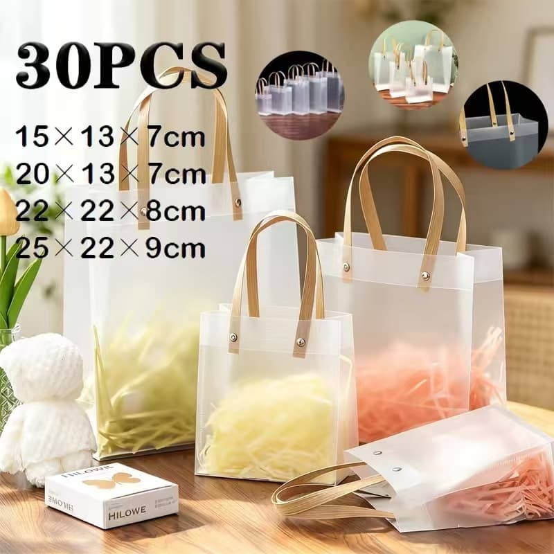 Kit 10 a 30 Sacola Transparente Fosca PVC com Alça Kraft Fosco para presentes decoração lembrancinha