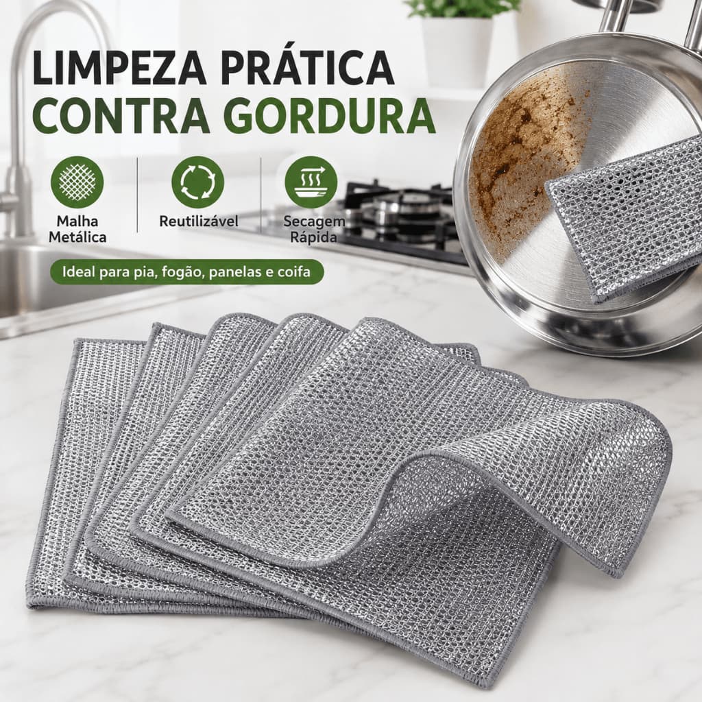 Pano de limpeza de malha de aço para remover gordura de panelas, pia, fogão e coifa