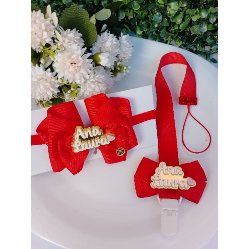 Kit laço infantil e prendedor de chupeta personalizado com o nome da Bebê/saída maternidade/lacoRN