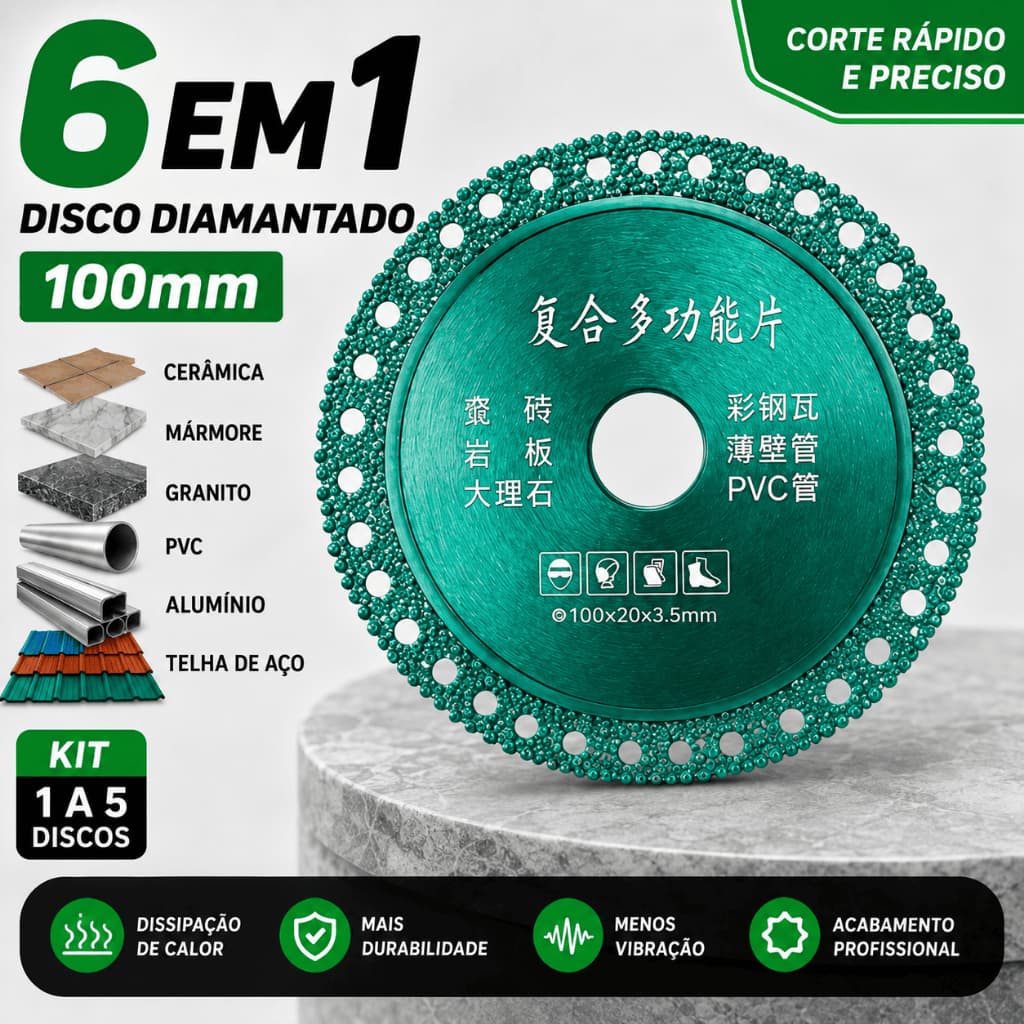 6 em 1 Discos de Corte  Diamantado 100mm Para Corte de Cerâmica Mármore Granito Esmerilhadeira