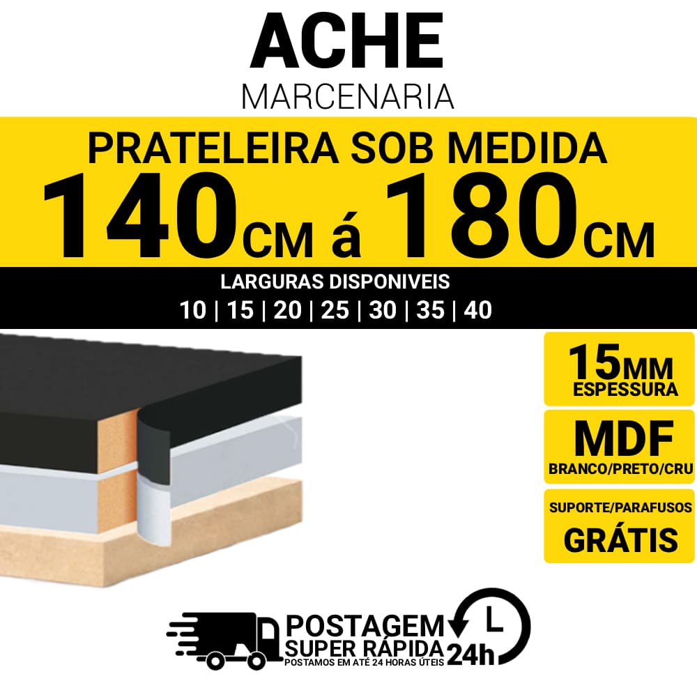 Prateleira Mdf 15mm Branco,Preto Medidas de 140cm á 180cm Com Acabamento 3 L - Suporte Invisivel | Tucano | Mão Francesa
