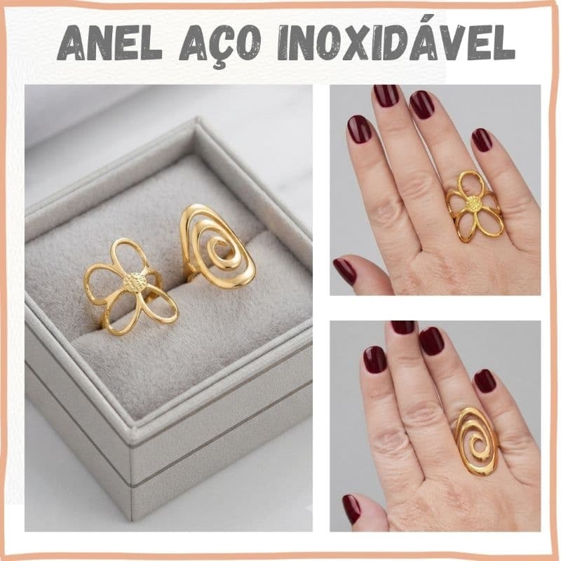 Anel Feminino Aço Inoxidável Dourado Ajustável  - Anel Feminino Formato Flor e Espiral - Anel Delicado Feminino