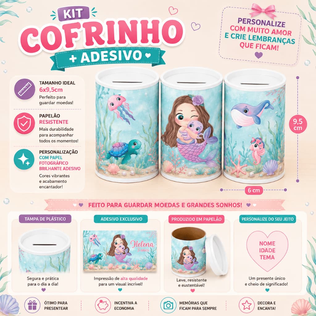 Cofrinhos Personalizados Sereia Fundo Do Mar | Kits 9/12/15/24/30