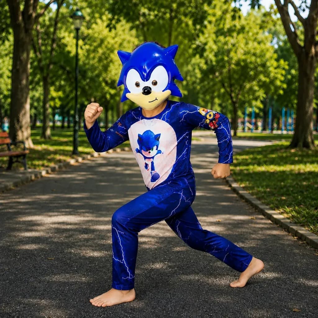Fantasia Infantil Sonic Longa Com Músculos E Mascara Presente Para Criança