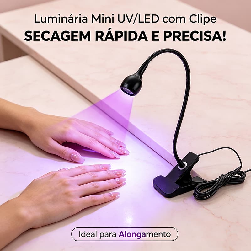 Luminária Mini UV LED Profissional com Clipe, Haste Flexível e Conexão USB para Secagem de Unhas em Gel e Alongamento