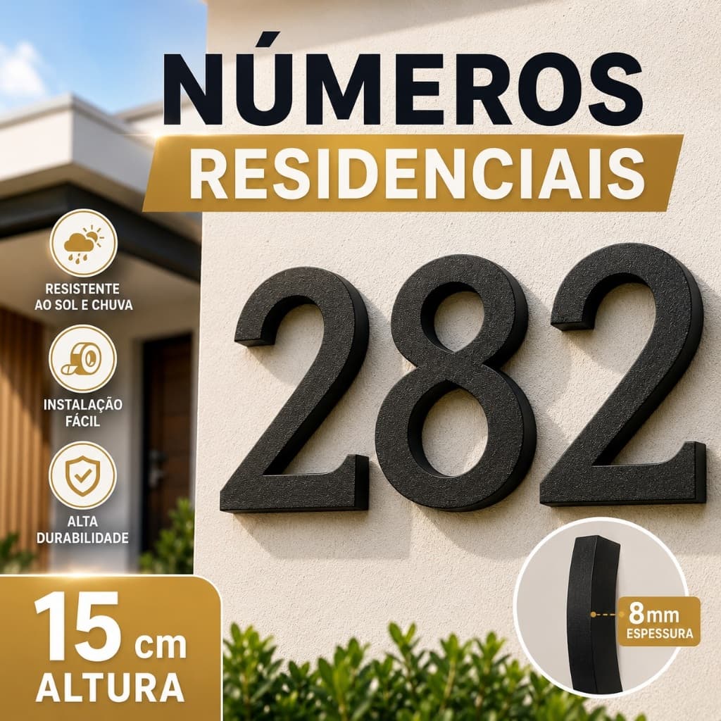 Números Residenciais Clássicos para Fachada Personalizados 15cm | Letras e Números Decorativos com Fita Dupla Face