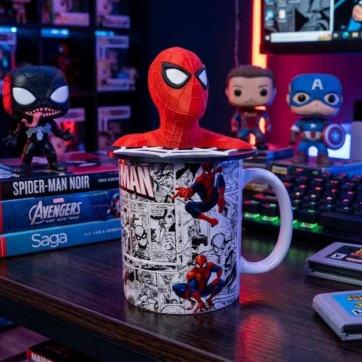 Caneca Homem Aranha Cerâmica 325ml com Tampa Decorativa Presente Super Herói