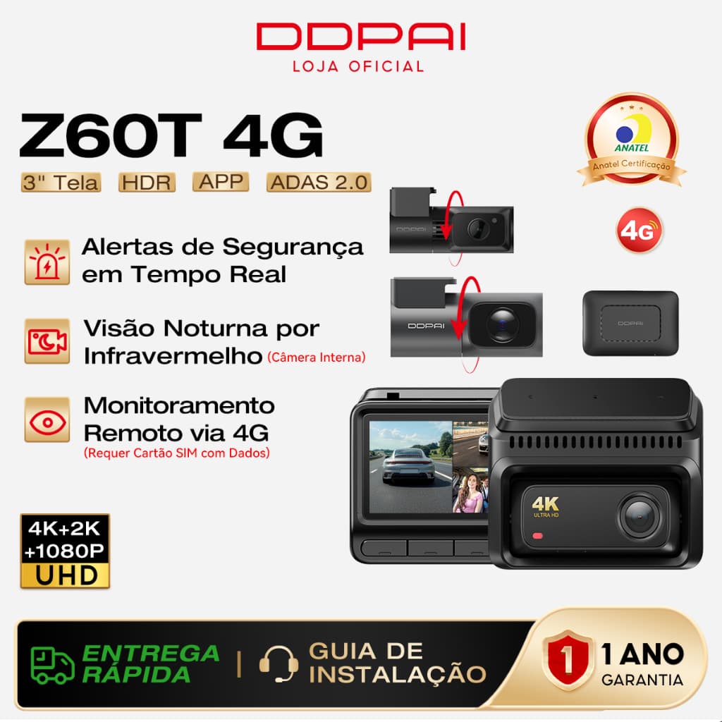 Câmera Veicular DDPAI Z60T 4G 3 Canais 4K+2K+1080P HDR Monitoramento Remoto Visão Noturna IR Wi-Fi GPS Tela de 3"