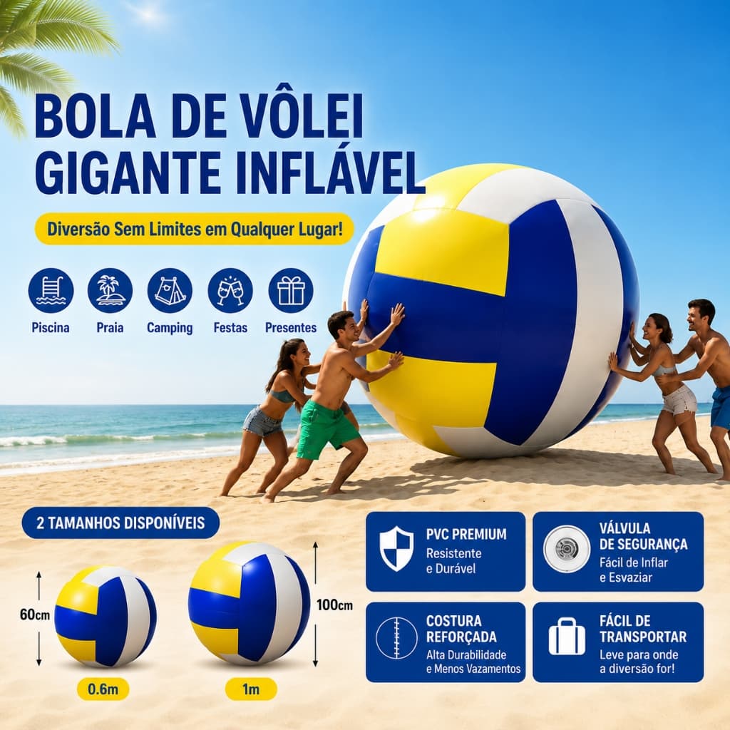 Bola de Vôlei Gigante Inflável 1m PVC Resistente + Bomba de Ar Grátis, Envio Brasil, Praia, Piscina e Diversão Familiar