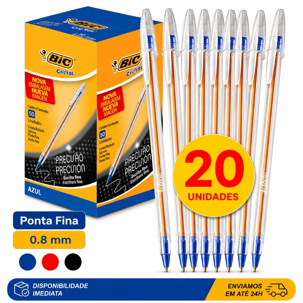 KIT 20 Canetas Bic Cristal Esferográficas 0.8mm Ponta Fina Cores Azul, Preta e Vermelha Original Nfe
