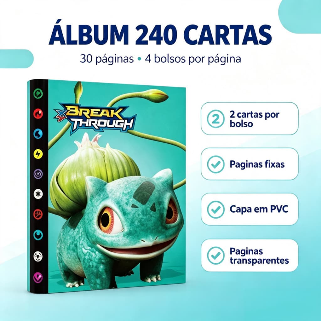 Álbum Porta Cards Pokémon 240 Cartas 30 Páginas Fixas 4 Bolsos Capa PVC Bulbasaur TCG Colecionador