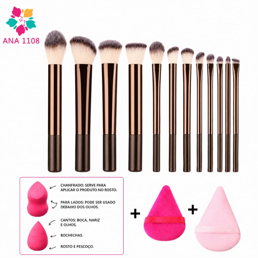 ANA1108  12Pincéis de Maquiagem + 2 Esponjas + 2esponjade Pó diamante
