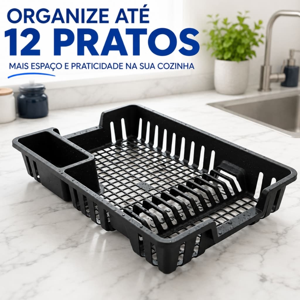 Escorredor de Louças 12 Pratos Cozinha Plástico Preto Escorredor Louça Copos Talheres - FULL