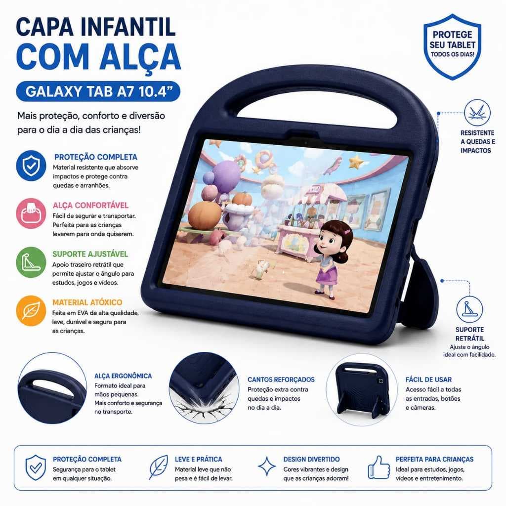 Capa Maleta Infantil Galaxy Tab A7 10.4 SM-T500 T505 EVA com Alça e Suporte Retrátil Reforçada capinha tablet