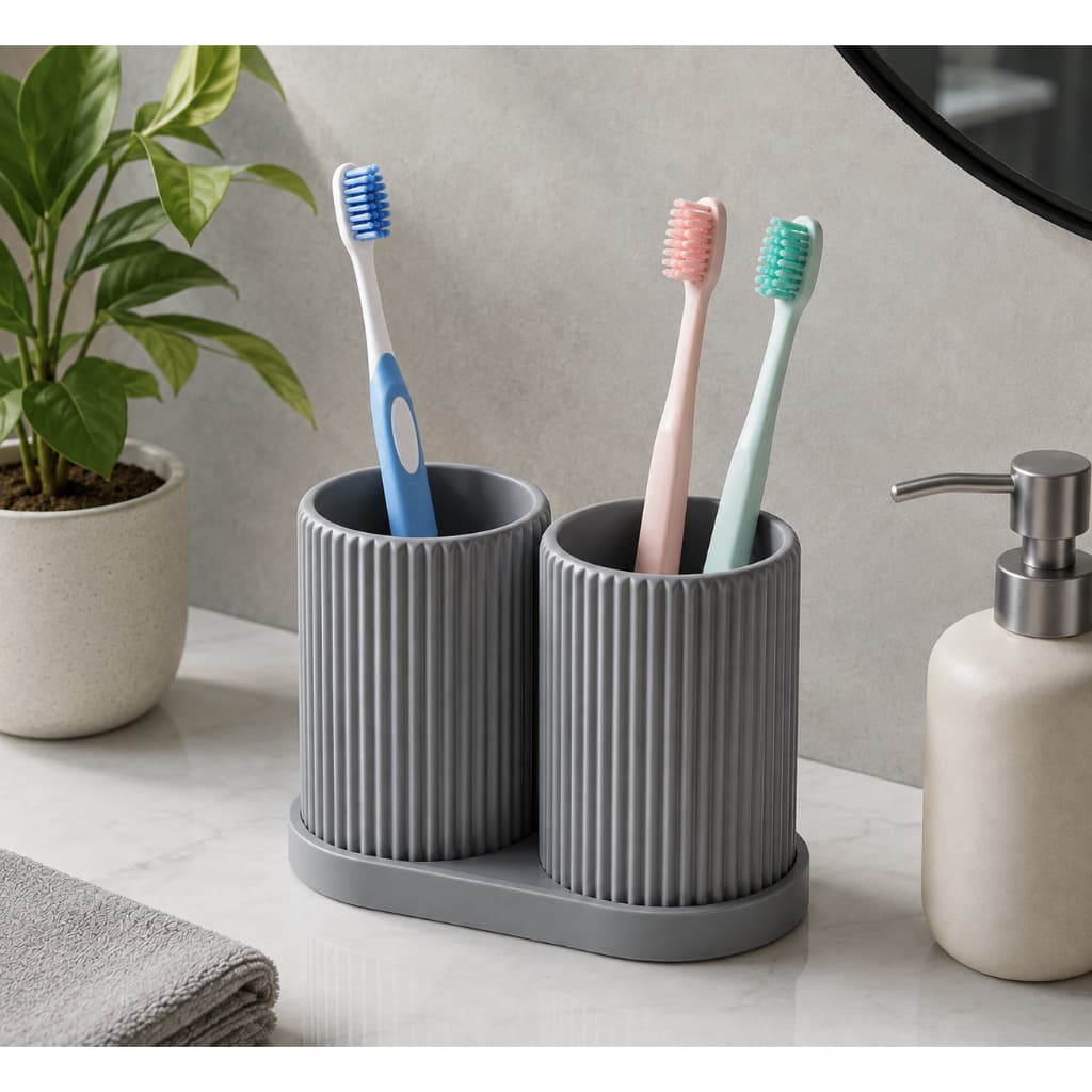 Porta Escovas de Dente Duplo com Design Moderno e Elegante para Banheiro Organizado Kit Canelado Suporte Pasta de Dente
