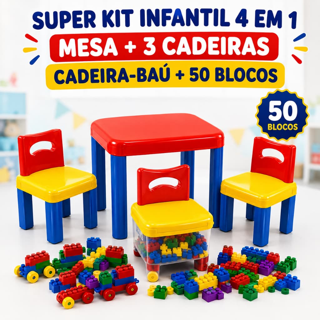 Mesa Infantil com 3 Cadeiras 1 Baú e 50 Blocos de Montar Kit 4 em 1