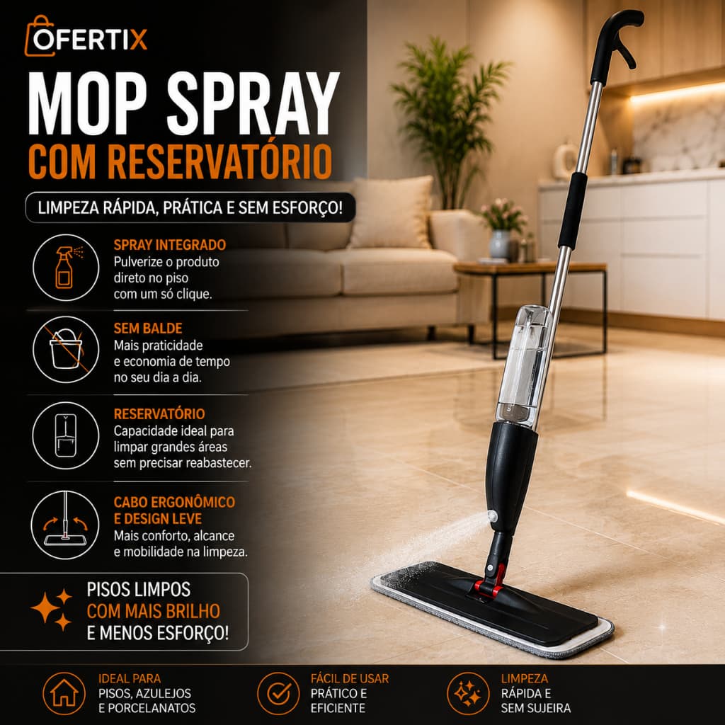 Mop Spray com Reservatório para Limpeza de Piso Azulejo Porcelanato Rodo Esfregão com Spray Integrado