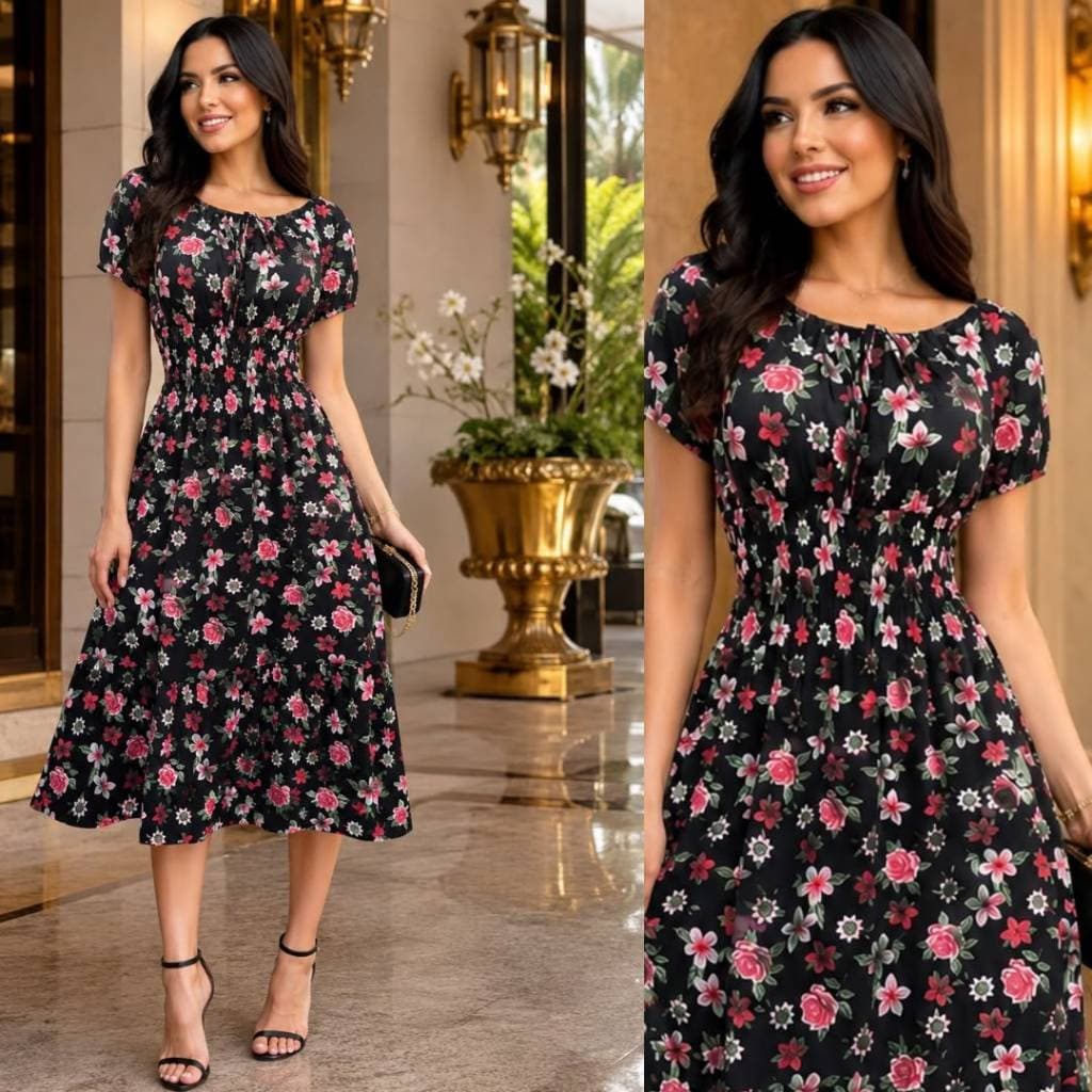 Vestido Mídi Floral Ciganinha CREPINHO Casual Manga Curta Tendência Moda Evangélica!!!