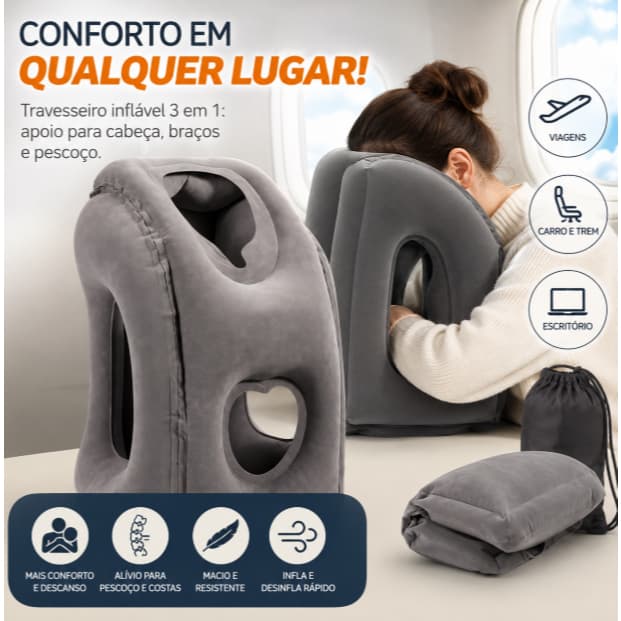 Travesseiro / Almofada Inflável de Viagem Ergonômico Apoio Cabeça e Braços