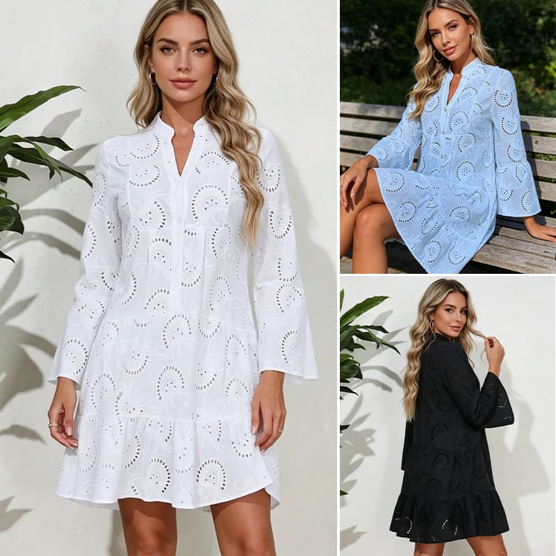 Vestido Feminino Manga Longa V-Neck Renda Bordado Oco Estilo Vintage para Passeios e Eventos Leves Verão