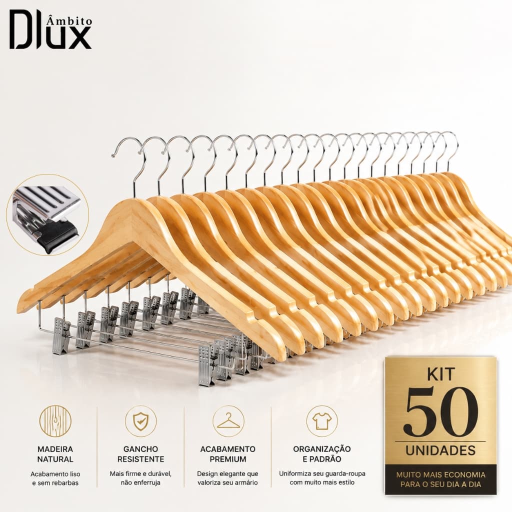 Ambito Dlux Kit 50 Cabides De Madeira Para Roupas Adulto, Cabide Premium Com Gancho Resistente E Presilha Sem Marcar