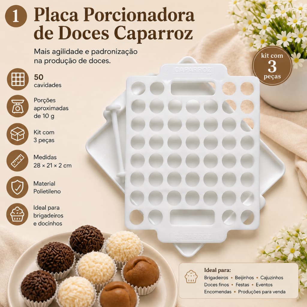 Placa Porcionadora de Doces 10 g 50 Cavidades  Kit 3 Peças Caparroz Caseiro Grande Escala Profissional
