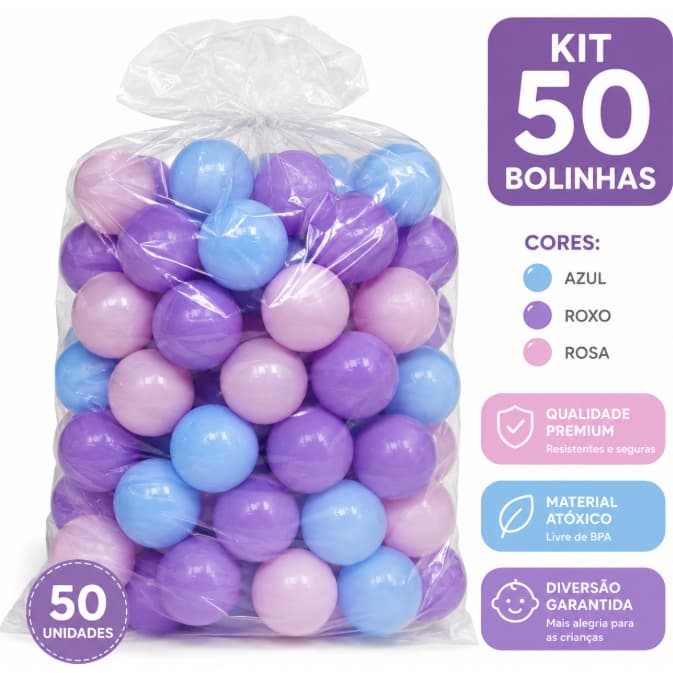 Kit 50 Bolinhas para Piscina de Bolinhas 71mm Cores Especiais Infantil Macias e Resistentes